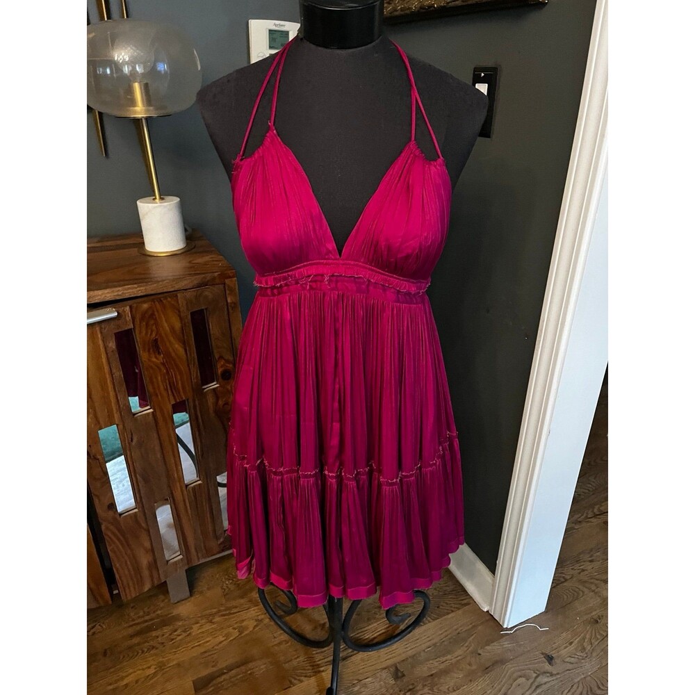 Free People Magenta Red Satin Party Dress Backless Strappy  Summer sun Dress XS